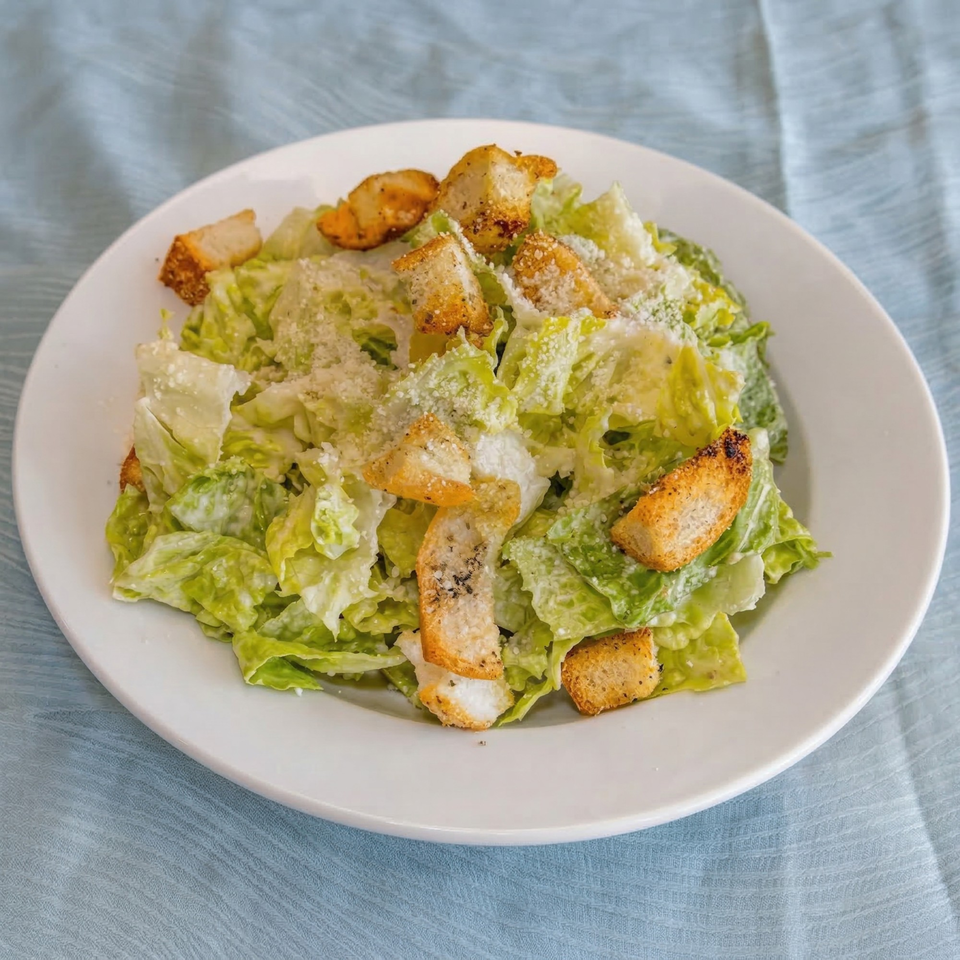 A white plate holds a Caesar salad with crisp romaine lettuce, croutons, and grated cheese.