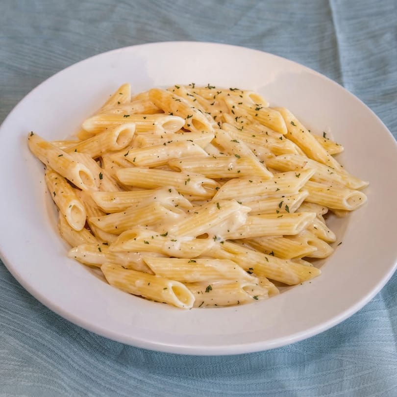 Penne pasta with creamy white sauce and herbs in a white bowl on a blue tablecloth.