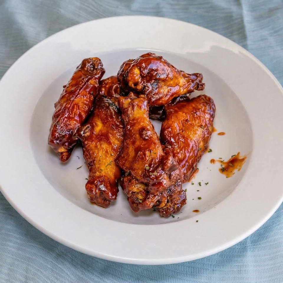 A white plate holds several glistening, dark brown chicken wings coated in a rich sauce.