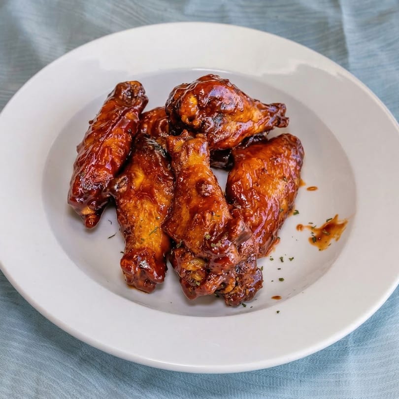 A white plate holds several glistening, dark brown chicken wings coated in a rich sauce.