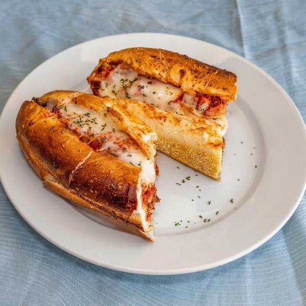 Two cheesy meatball subs, garnished with herbs, on a white plate with a blue background.