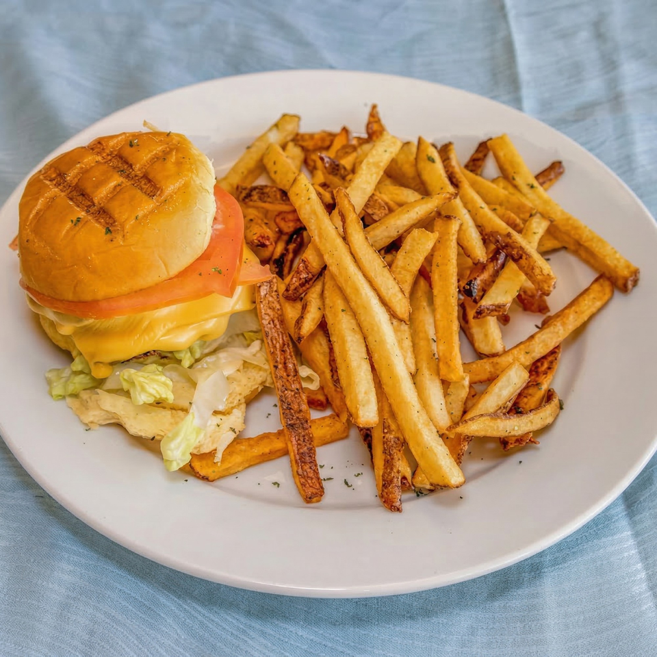 A cheeseburger with lettuce and tomato, served with a side of golden french fries on a white plate.